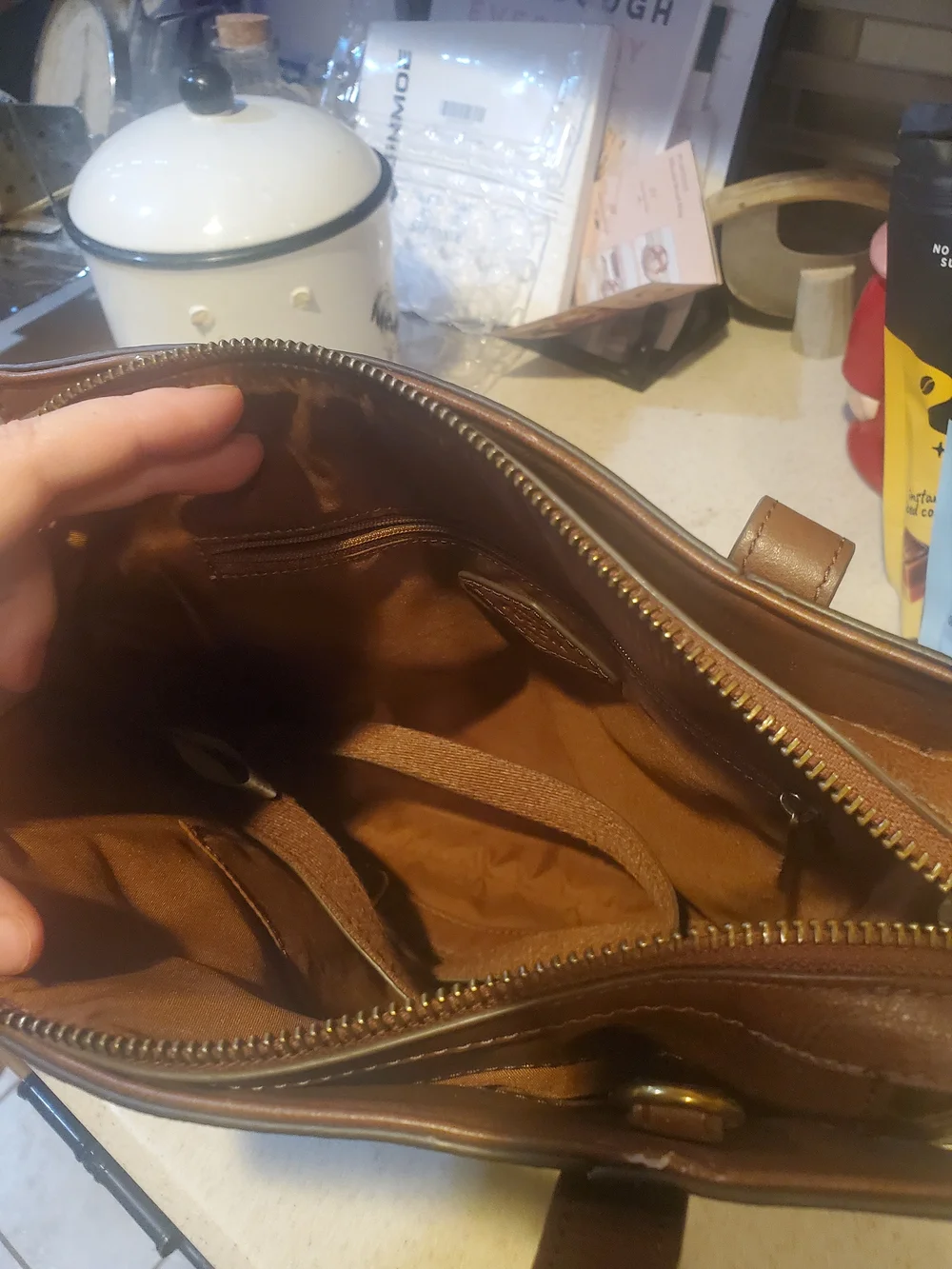 Fossil Black Leather Satchel with Brown Leather Handles